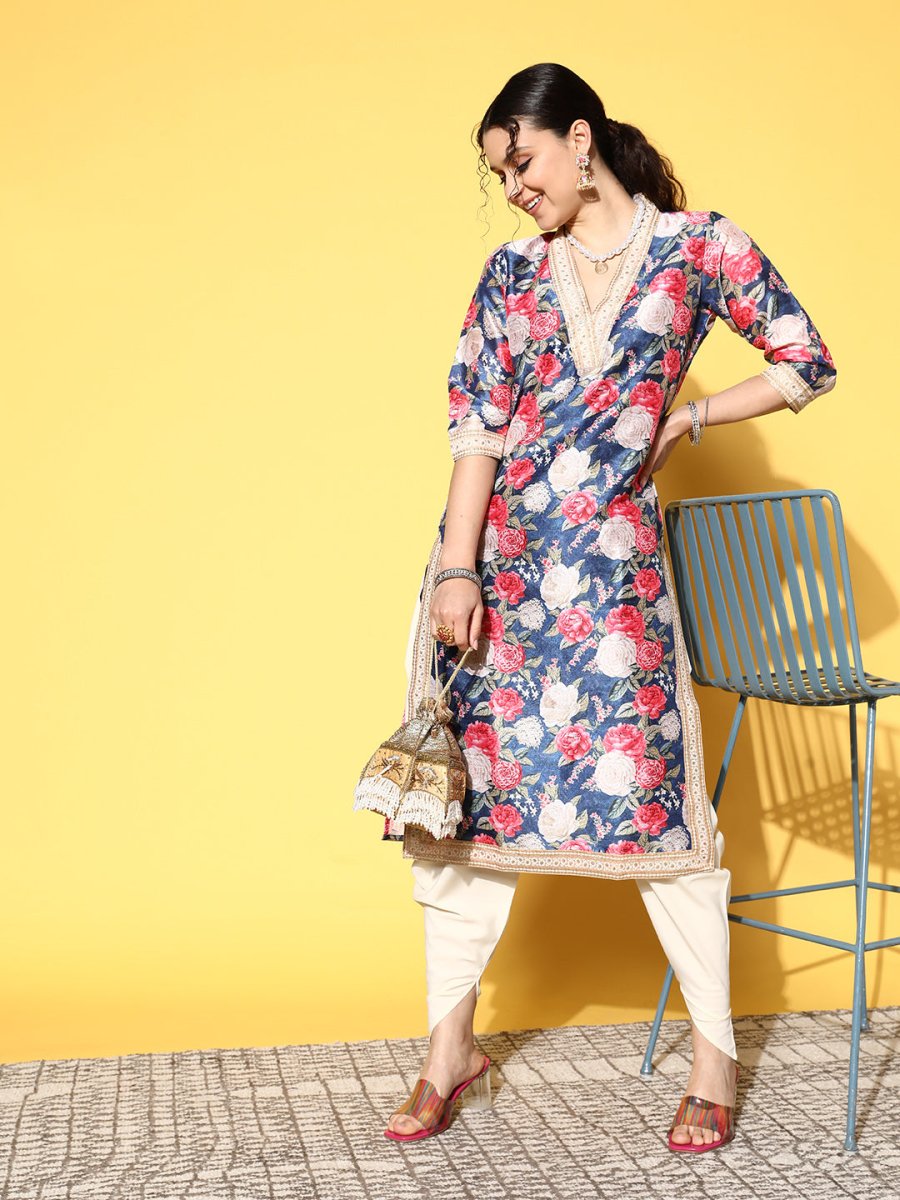 Ahalyaa Women Navy Blue Floral Printed Pleated Kurta with Dhoti Pants