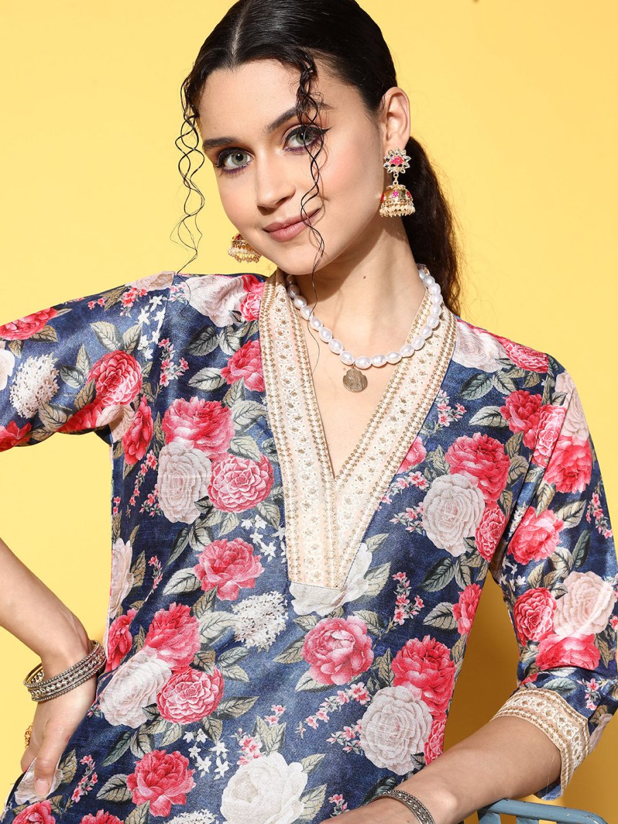 Ahalyaa Women Navy Blue Floral Printed Pleated Kurta with Dhoti Pants