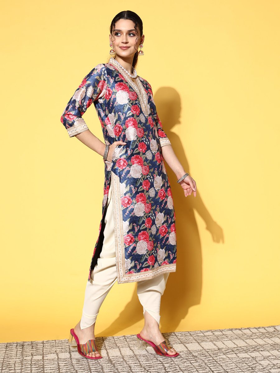 Ahalyaa Women Navy Blue Floral Printed Pleated Kurta with Dhoti Pants