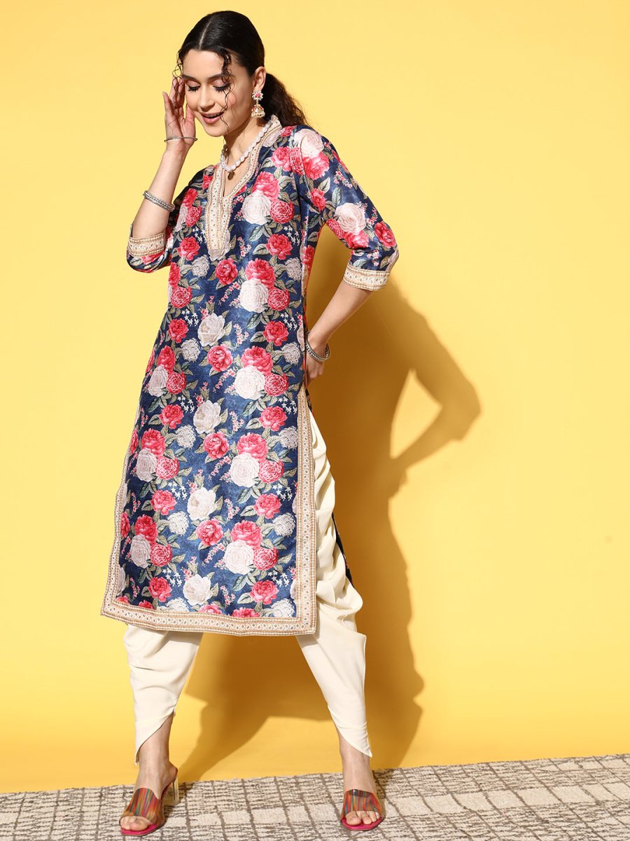 Ahalyaa Women Navy Blue Floral Printed Pleated Kurta with Dhoti Pants