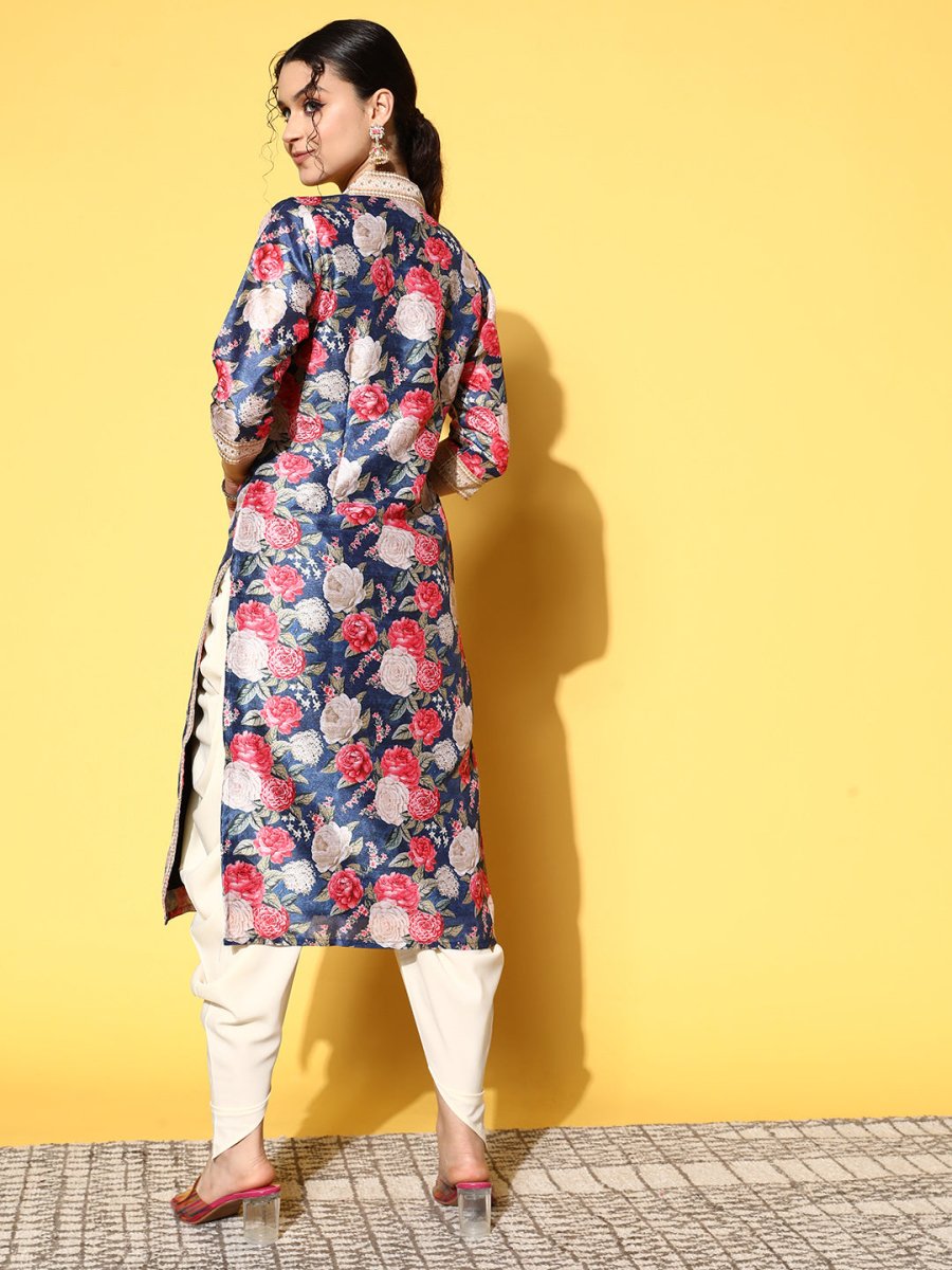 Ahalyaa Women Navy Blue Floral Printed Pleated Kurta with Dhoti Pants