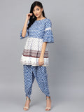 Ahalyaa Women Blue & White Printed Kurti with Dhoti Pants