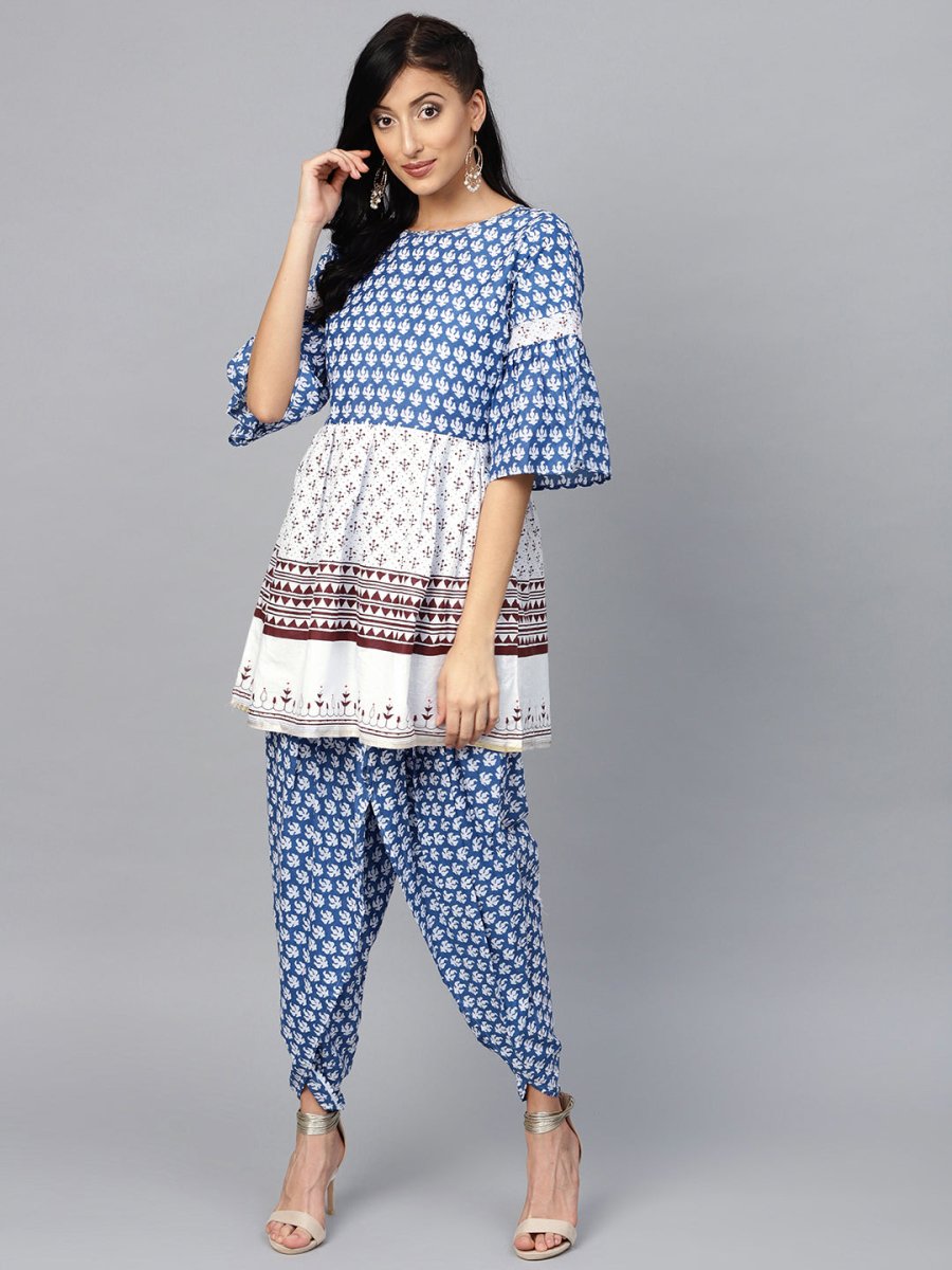 Ahalyaa Women Blue & White Printed Kurti with Dhoti Pants