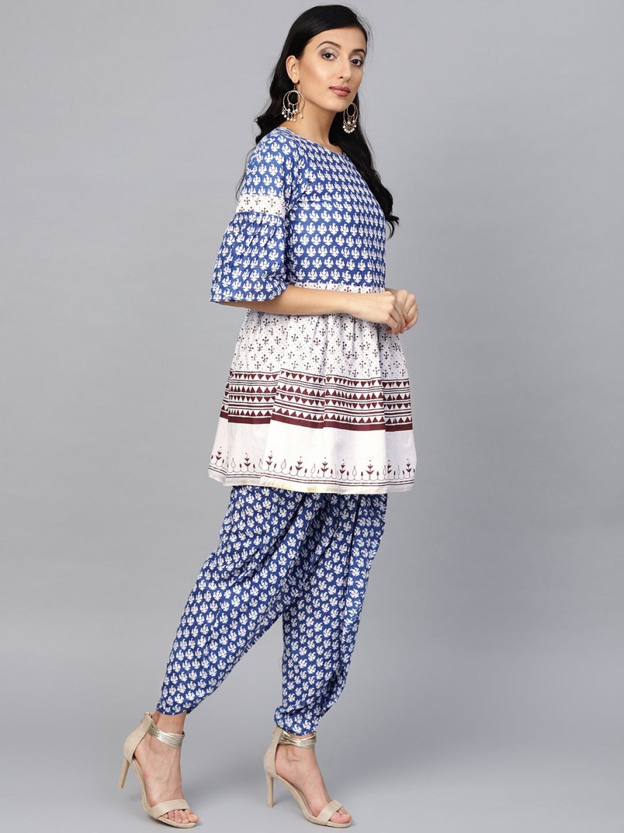 Ahalyaa Women Blue & White Printed Kurti with Dhoti Pants