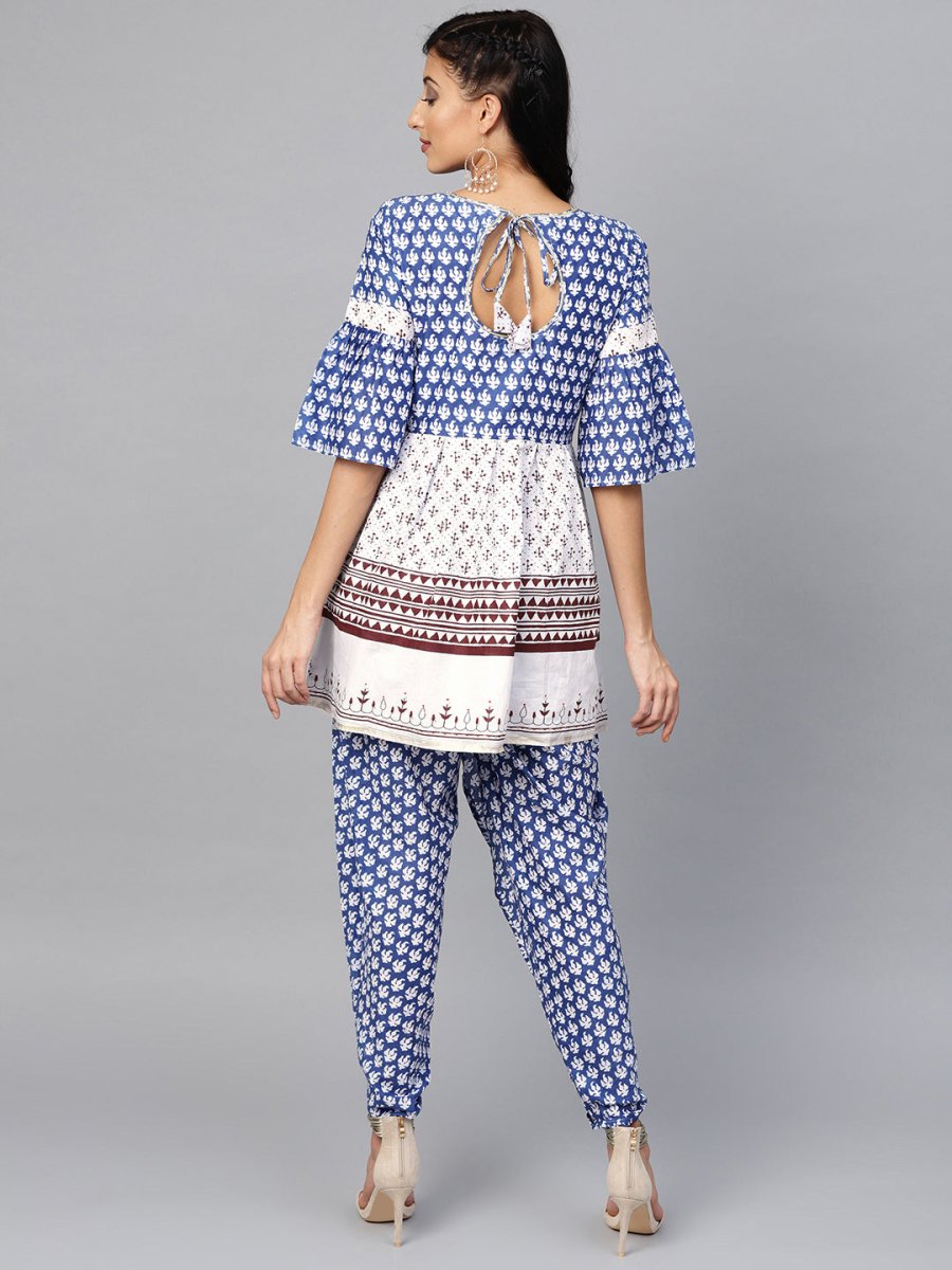 Ahalyaa Women Blue & White Printed Kurti with Dhoti Pants