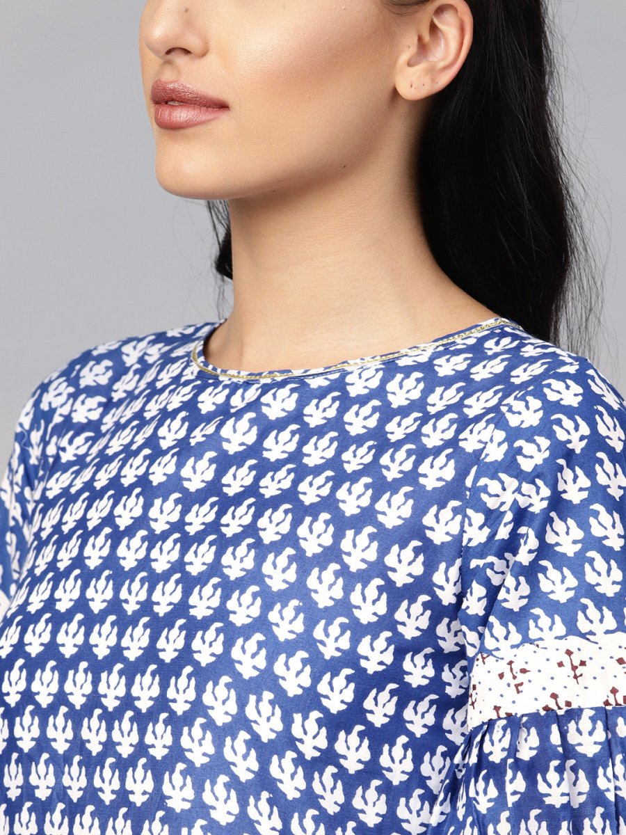 Ahalyaa Women Blue & White Printed Kurti with Dhoti Pants