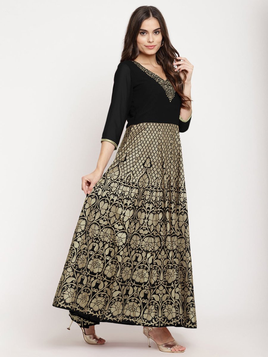 Ahalyaa Women's Black Georgette Gold Foil Print Flared Kurta with Dupatta
