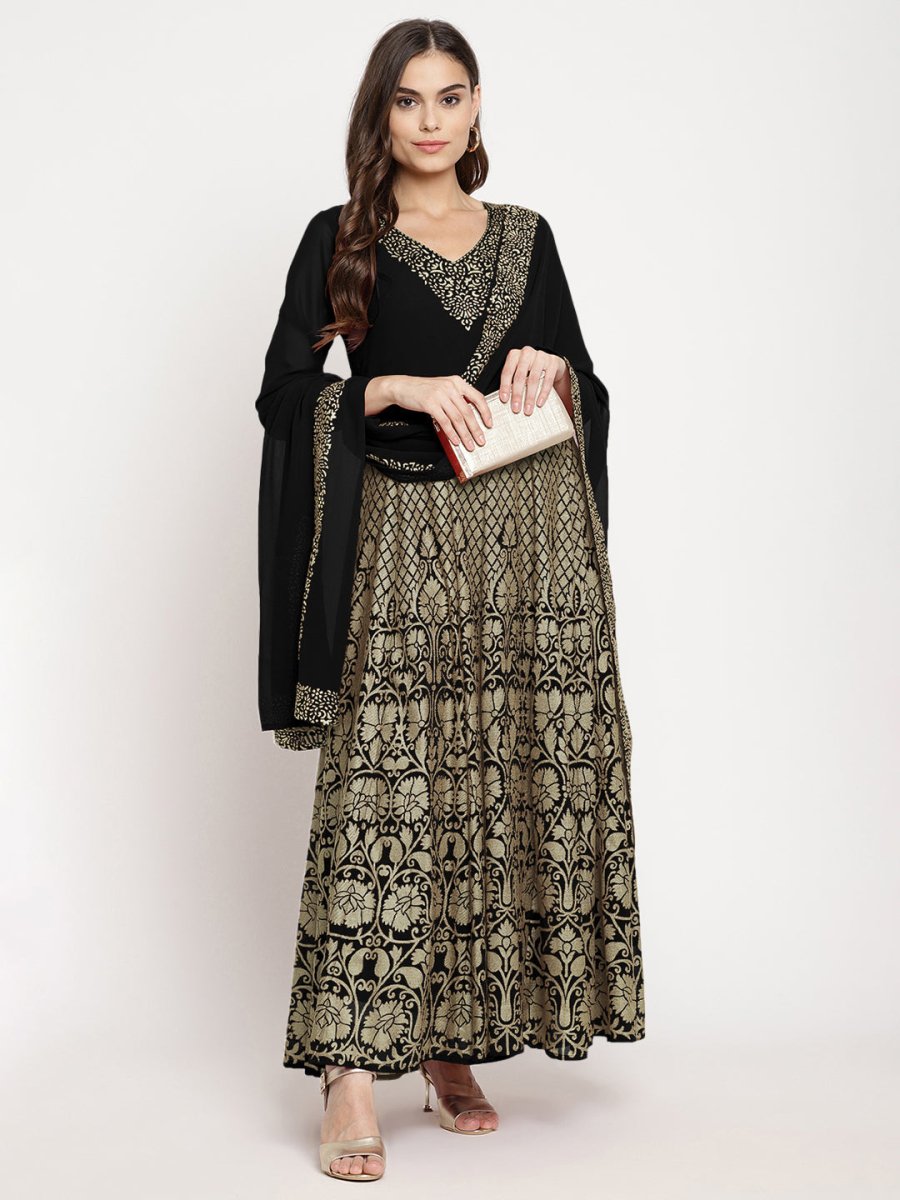 Ahalyaa Women's Black Georgette Gold Foil Print Flared Kurta with Dupatta