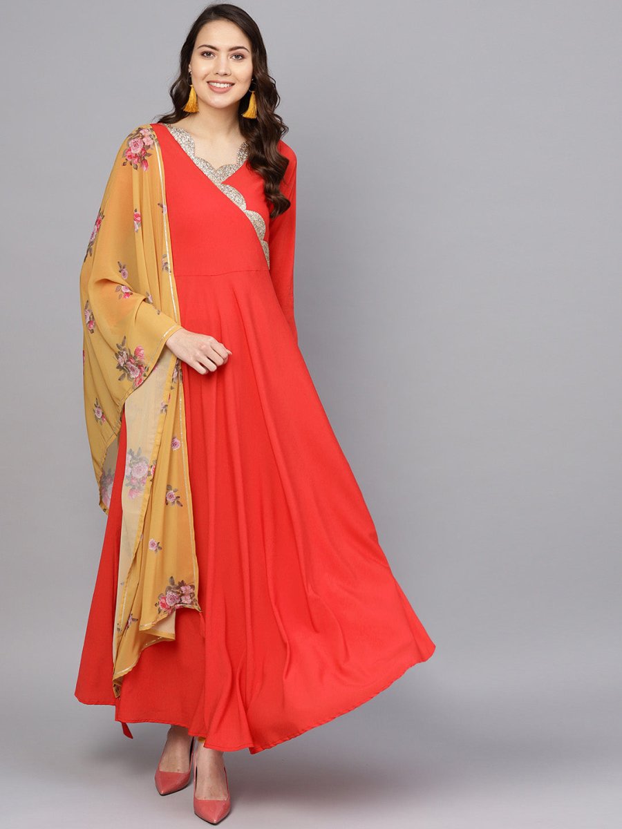 Ahalyaa Women Red Mustard Yellow Solid Angrakha A-Line Dress with Dupatta