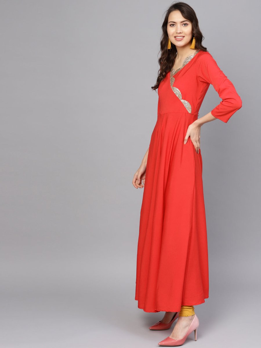 Ahalyaa Women Red Mustard Yellow Solid Angrakha A-Line Dress with Dupatta