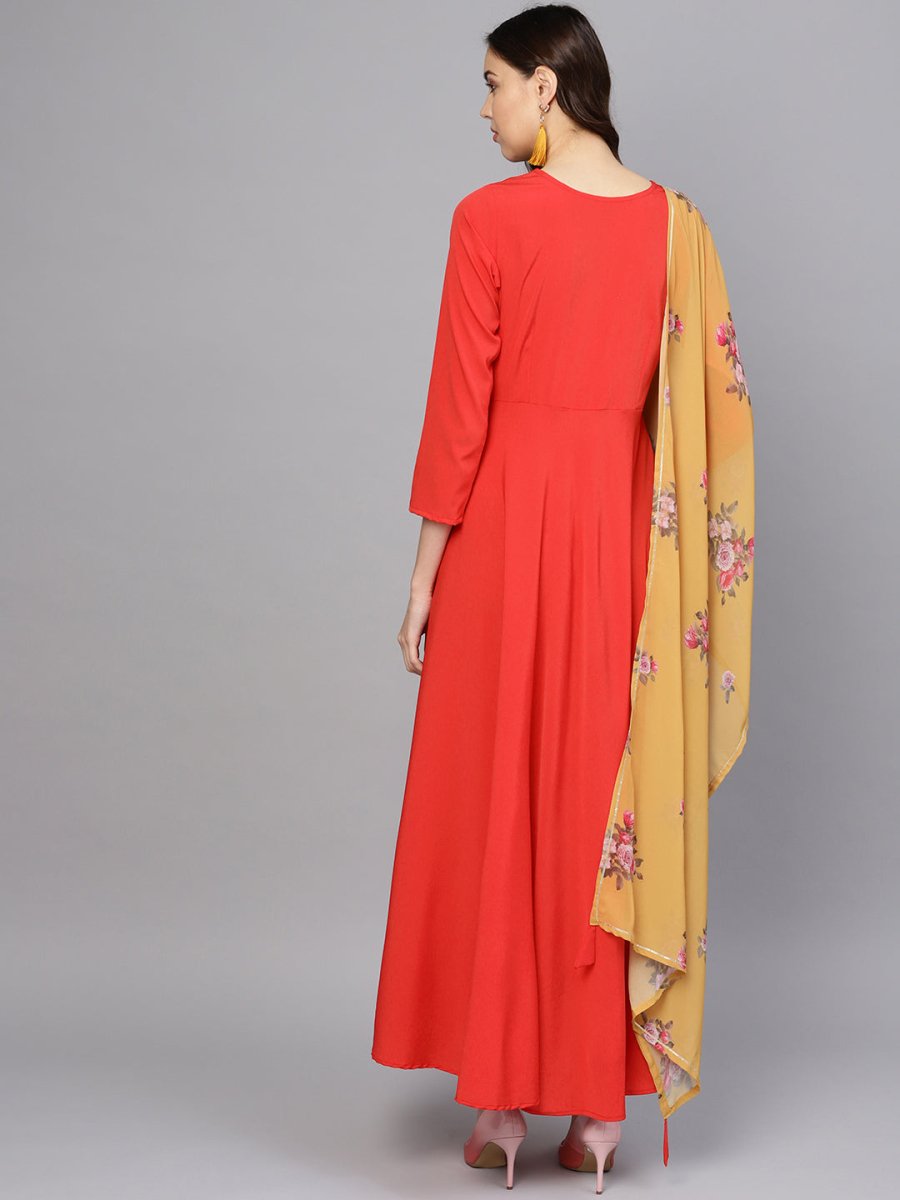 Ahalyaa Women Red Mustard Yellow Solid Angrakha A-Line Dress with Dupatta