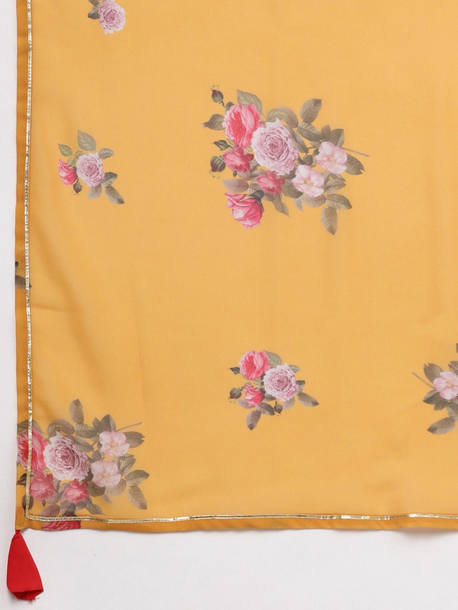 Ahalyaa Women Red Mustard Yellow Solid Angrakha A-Line Dress with Dupatta