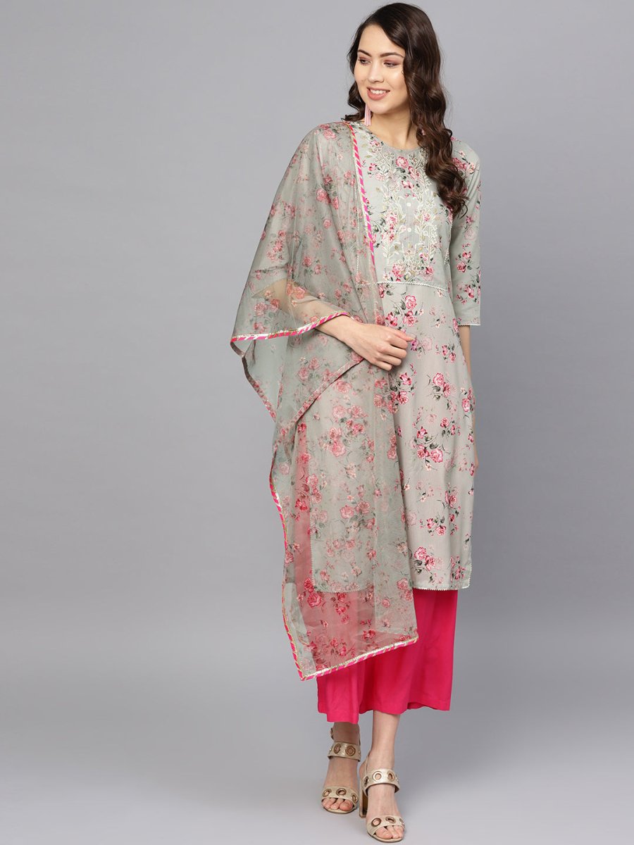 Ahalyaa Women Grey & Pink Printed Beautiful Straight Kurta with Dupatta