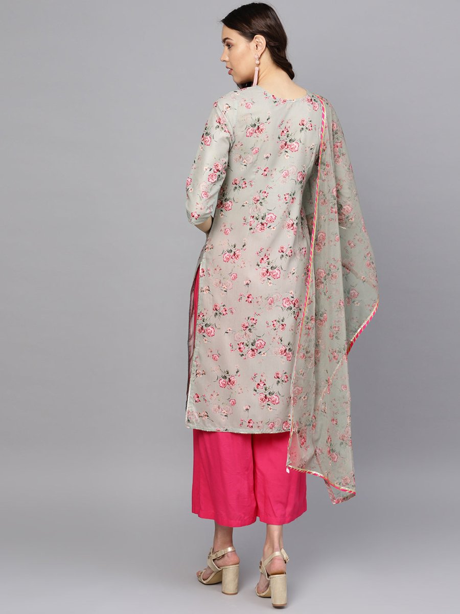 Ahalyaa Women Grey & Pink Printed Beautiful Straight Kurta with Dupatta