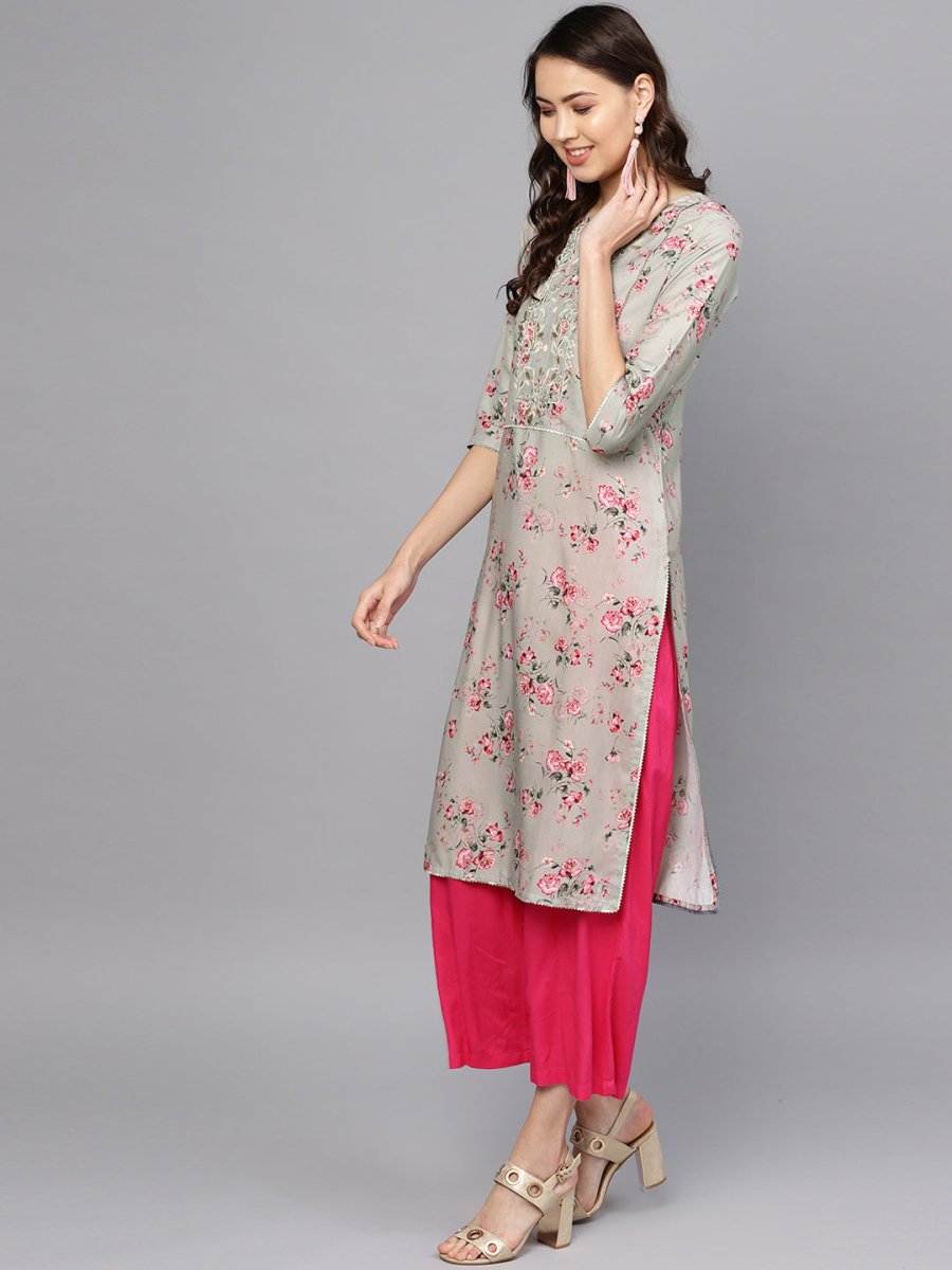 Ahalyaa Women Grey & Pink Printed Beautiful Straight Kurta with Dupatta