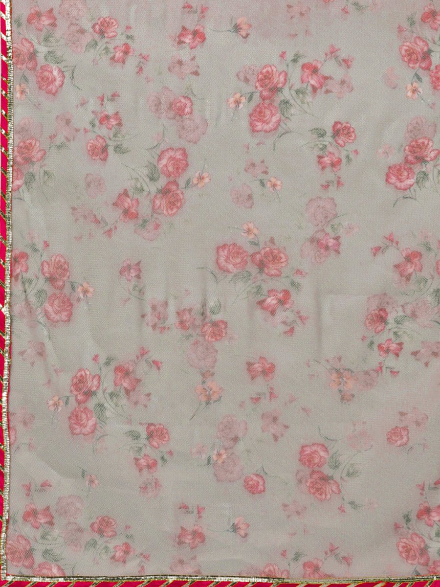 Ahalyaa Women Grey & Pink Printed Beautiful Straight Kurta with Dupatta