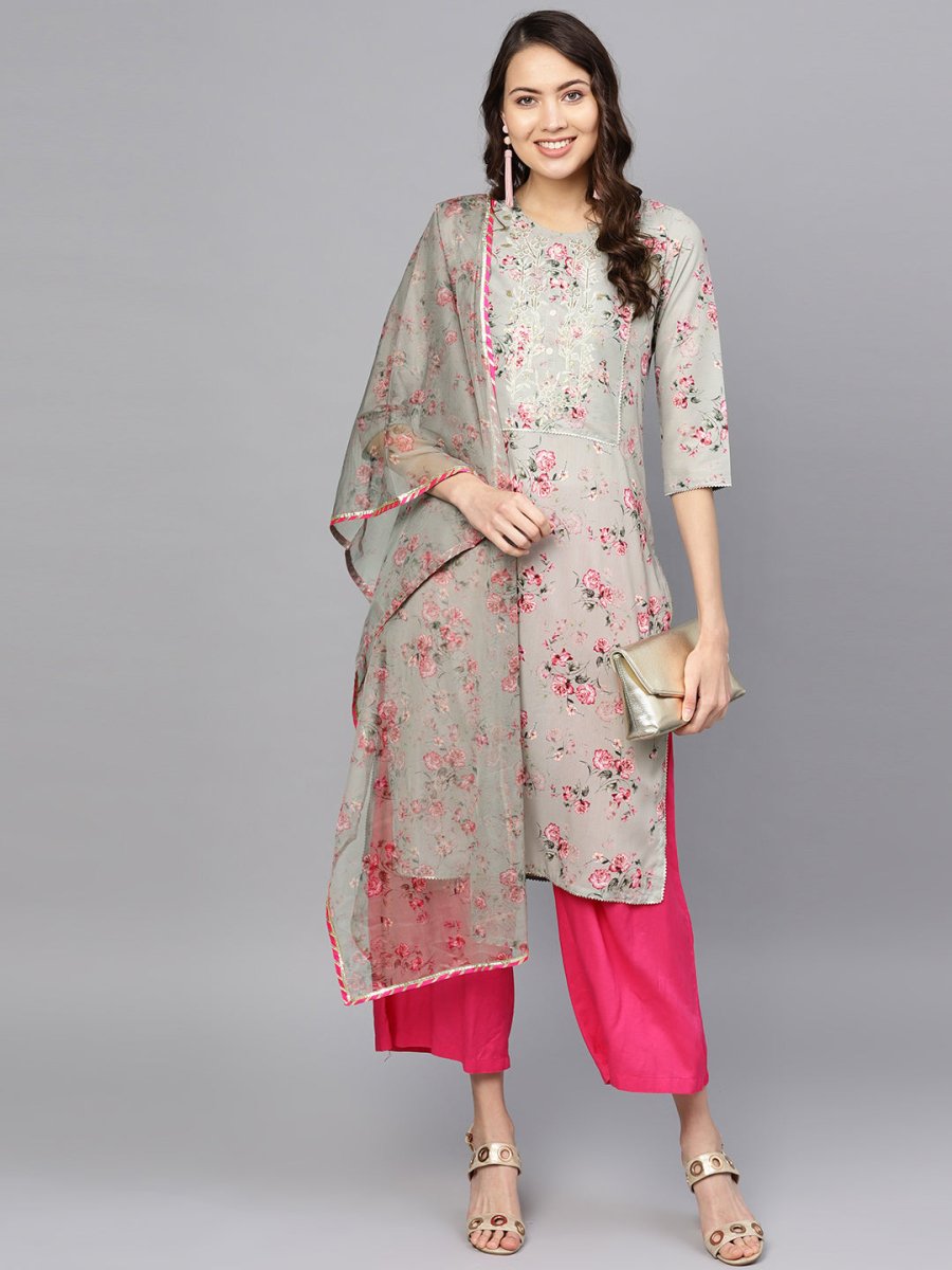Ahalyaa Women Grey & Pink Printed Beautiful Straight Kurta with Dupatta