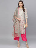 Ahalyaa Women Grey & Pink Printed Beautiful Straight Kurta with Dupatta