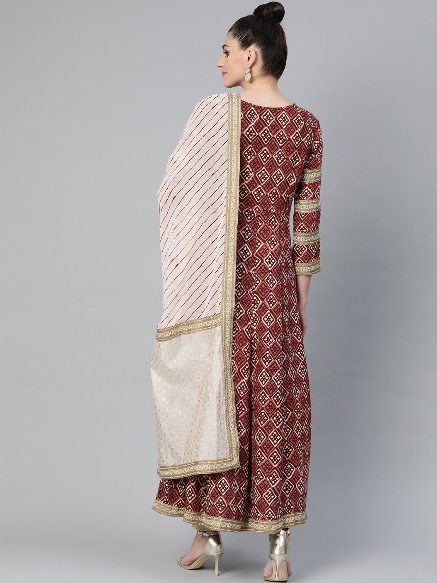 Ahalyaa Women Maroon & Off-White Printed Anarkali Kurta with Beautiful Dupatta