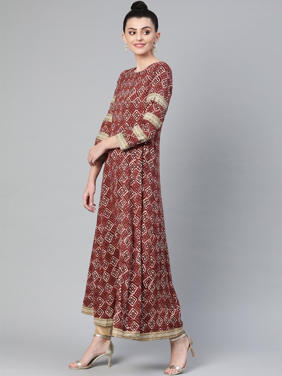 Ahalyaa Women Maroon & Off-White Printed Anarkali Kurta with Beautiful Dupatta
