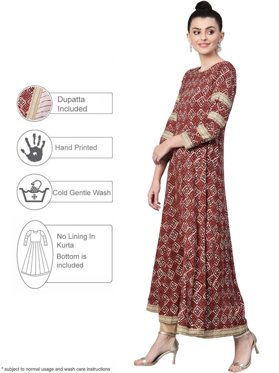 Ahalyaa Women Maroon & Off-White Printed Anarkali Kurta with Beautiful Dupatta