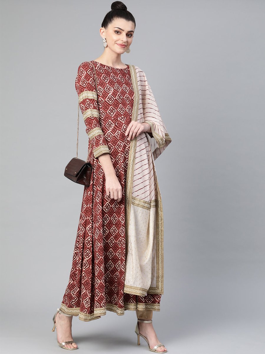 Ahalyaa Women Maroon & Off-White Printed Anarkali Kurta with Beautiful Dupatta