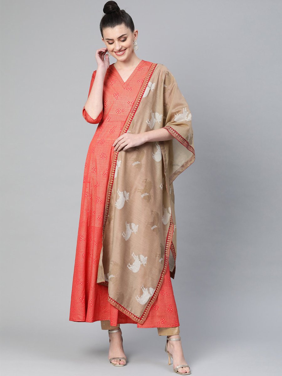 Ahalyaa Women Red & Golden Printed Beautiful A-Line Kurta with Dupatta