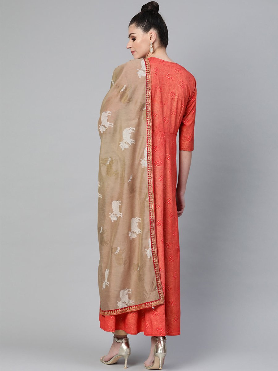 Ahalyaa Women Red & Golden Printed Beautiful A-Line Kurta with Dupatta