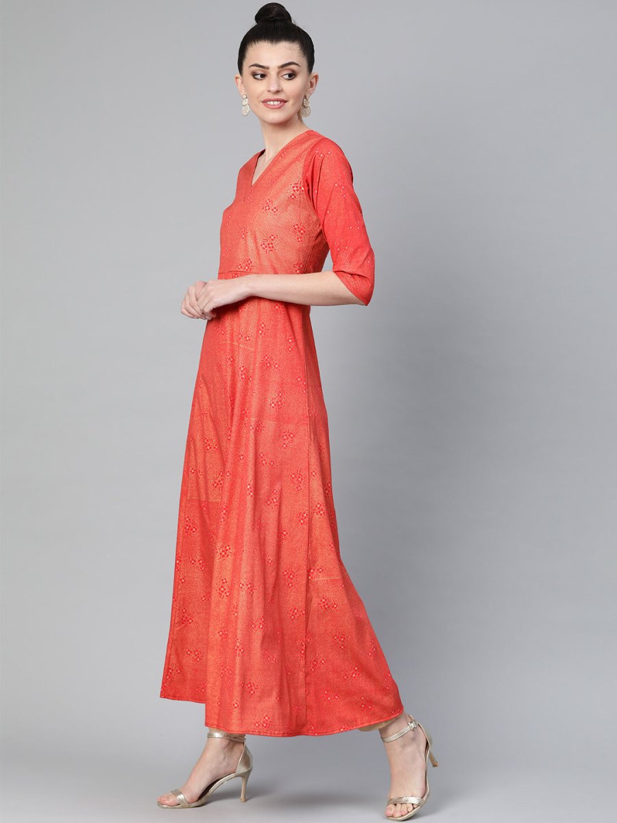 Ahalyaa Women Red & Golden Printed Beautiful A-Line Kurta with Dupatta