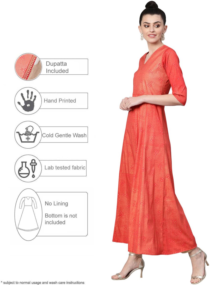 Ahalyaa Women Red & Golden Printed Beautiful A-Line Kurta with Dupatta
