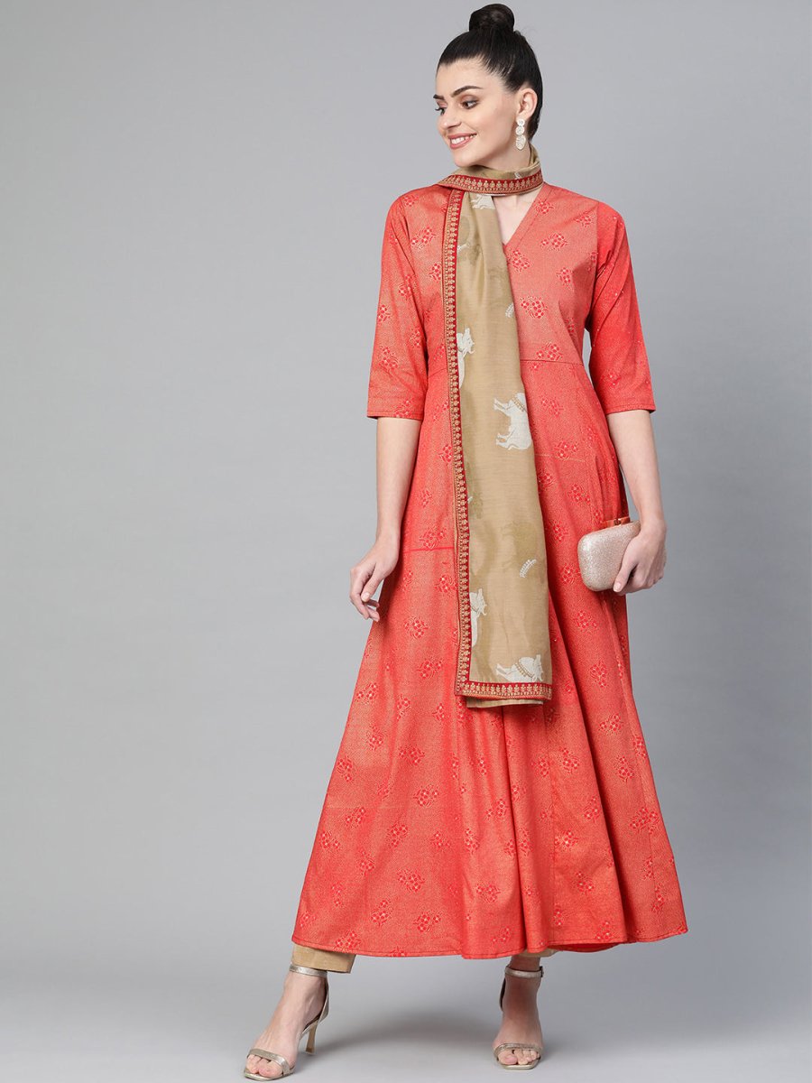 Ahalyaa Women Red & Golden Printed Beautiful A-Line Kurta with Dupatta