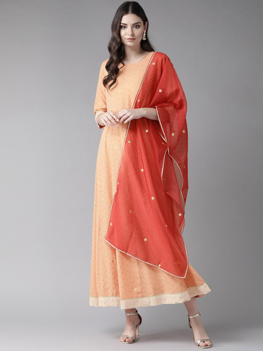 Ahalyaa Peach-Coloured & Rust Orange Printed Maxi Dress With Dupatta