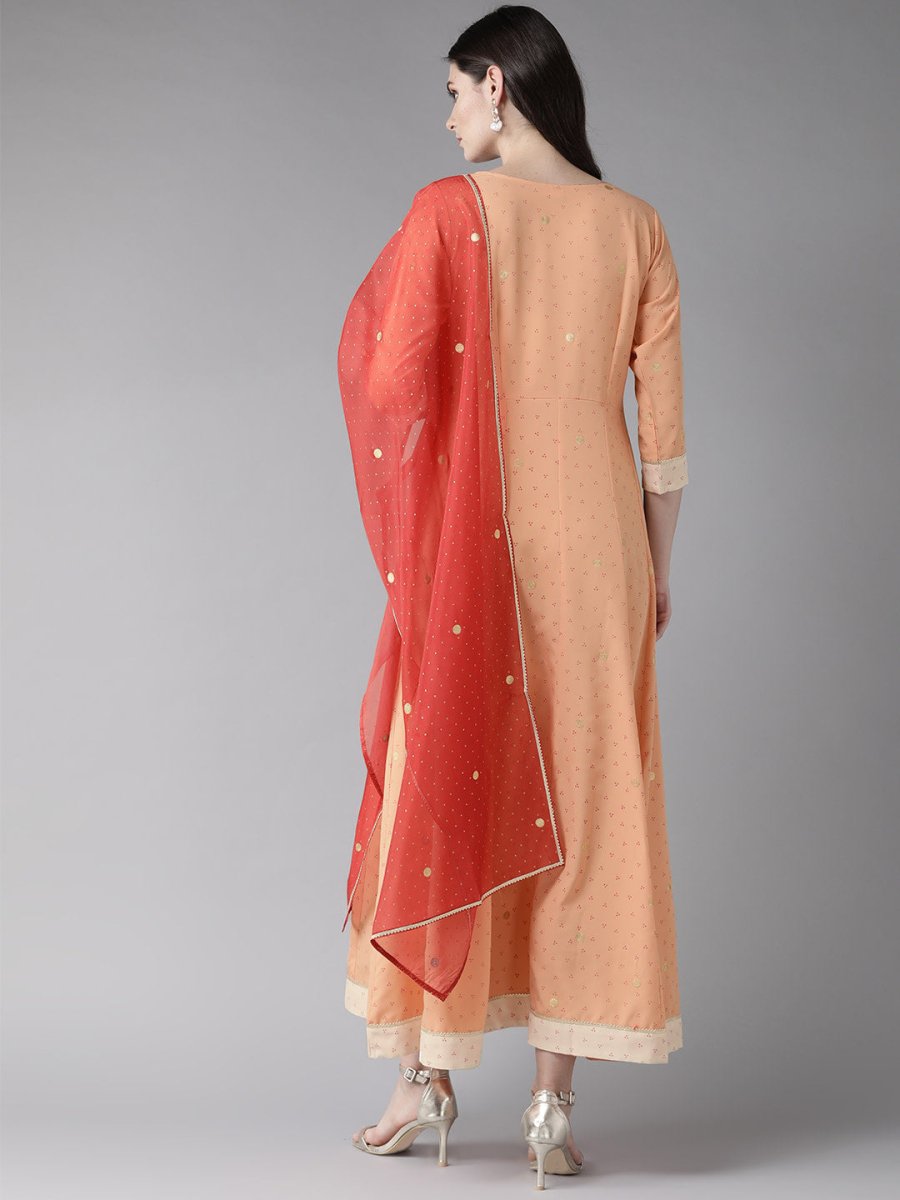 Ahalyaa Peach-Coloured & Rust Orange Printed Maxi Dress With Dupatta