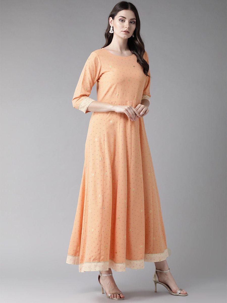 Ahalyaa Peach-Coloured & Rust Orange Printed Maxi Dress With Dupatta