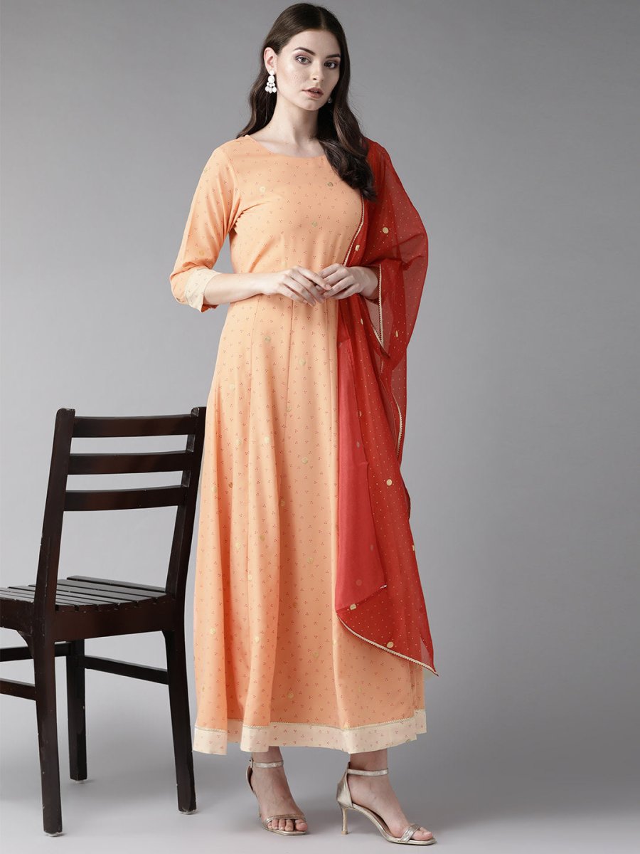 Ahalyaa Peach-Coloured & Rust Orange Printed Maxi Dress With Dupatta