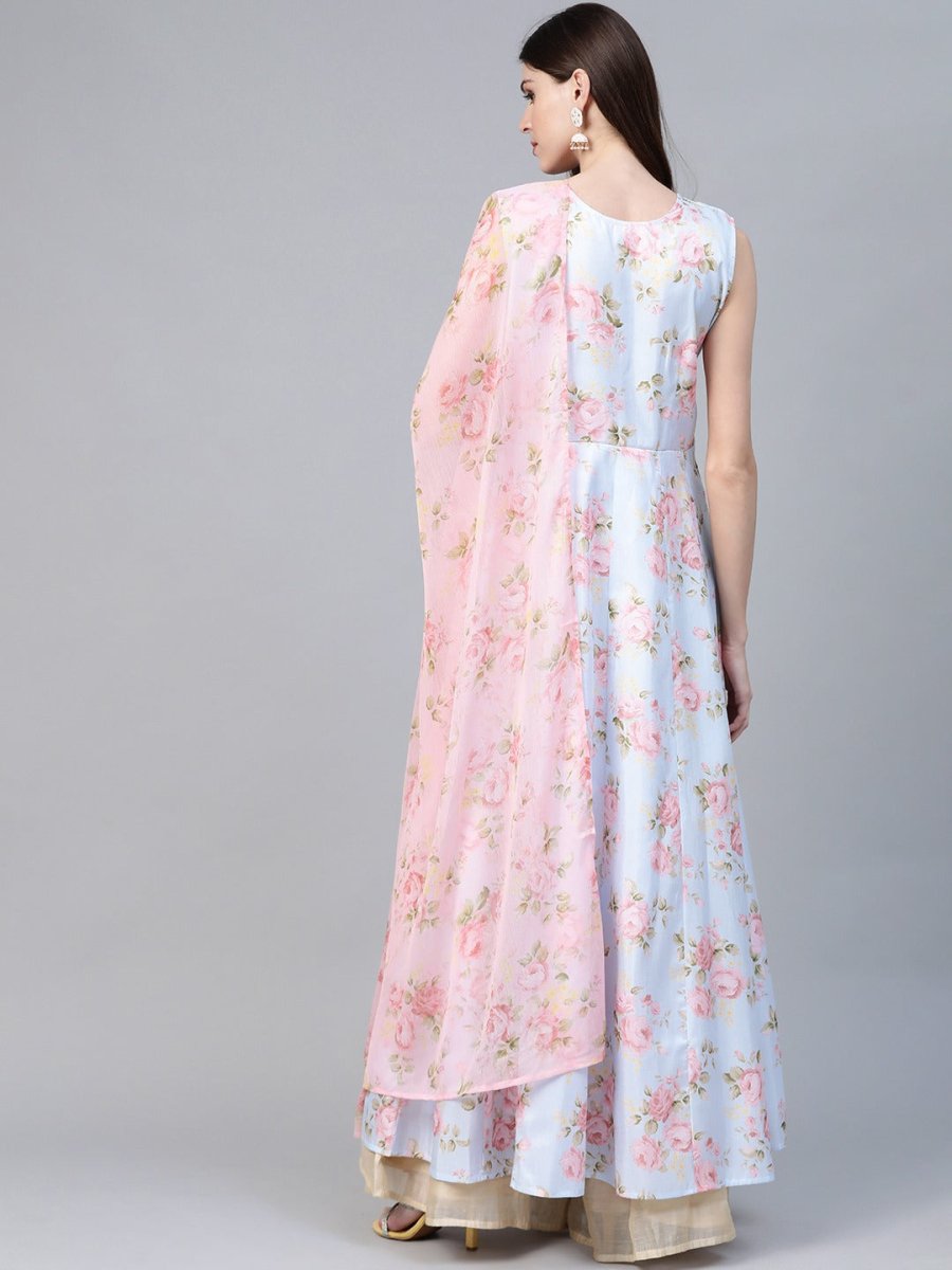 Ahalyaa Blue & Pink Floral Printed Anarkali Kurta with Dupatta