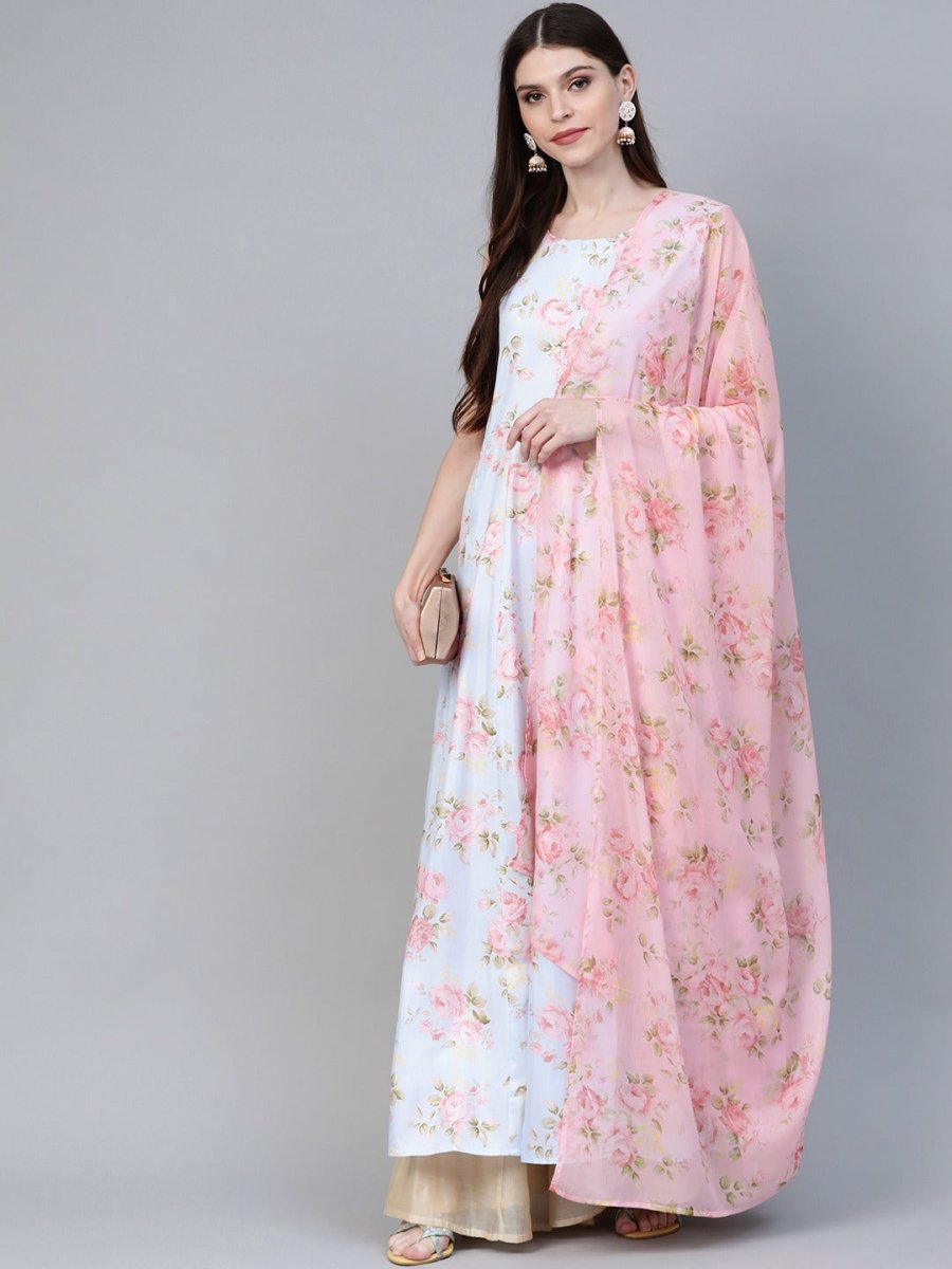 Ahalyaa Blue & Pink Floral Printed Anarkali Kurta with Dupatta