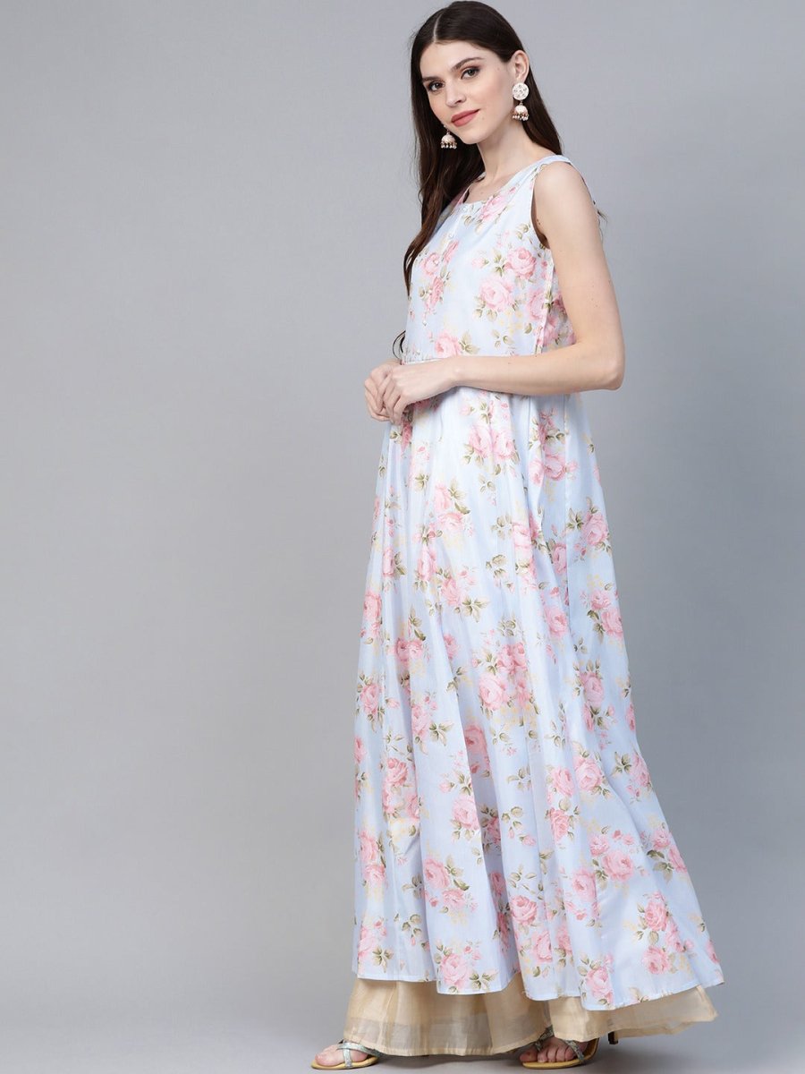 Ahalyaa Blue & Pink Floral Printed Anarkali Kurta with Dupatta