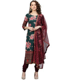Ahalyaa Green & Burgundy Printed Kurta with Churidar & Dupatta