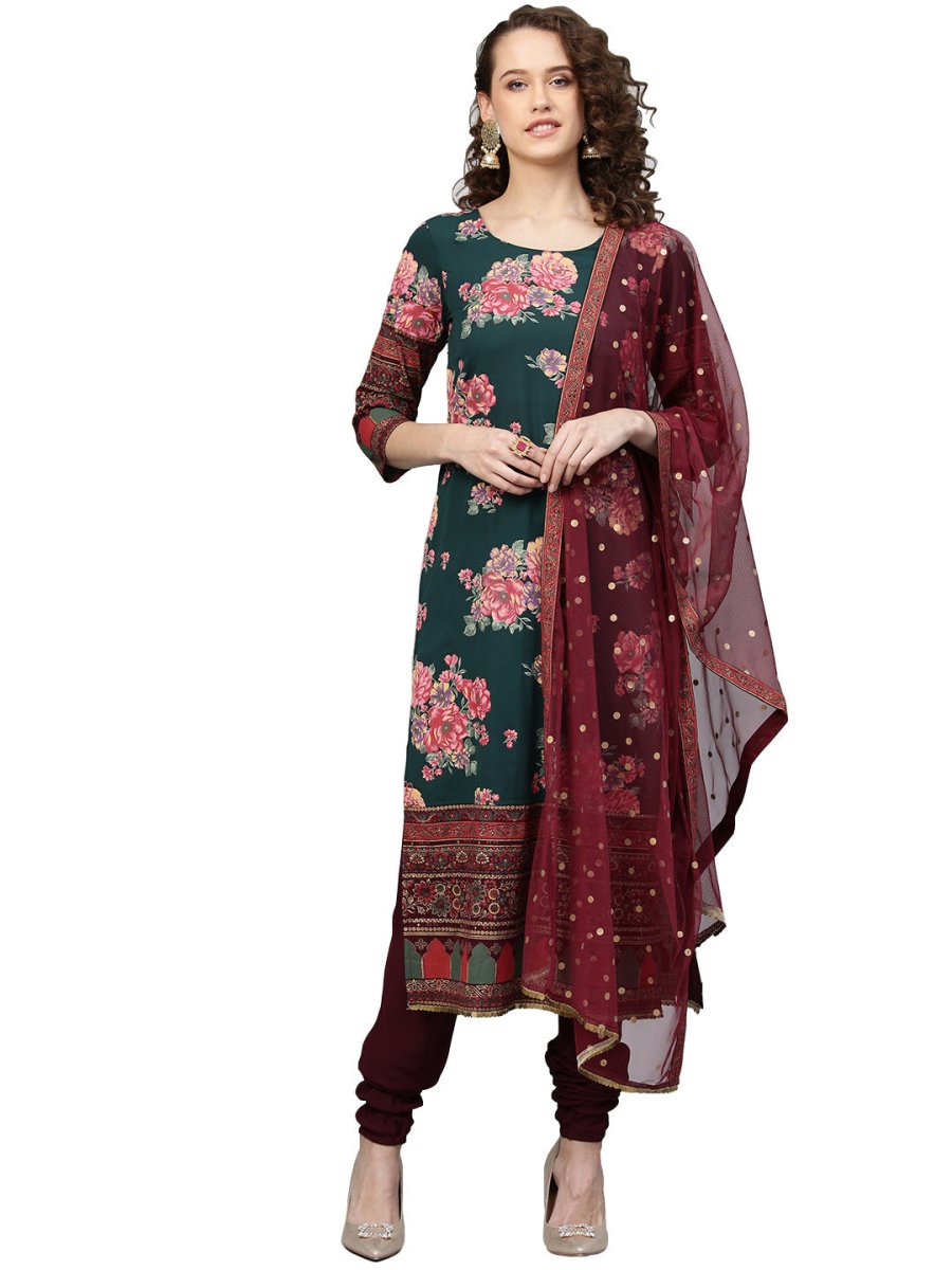 Ahalyaa Green & Burgundy Printed Kurta with Churidar & Dupatta