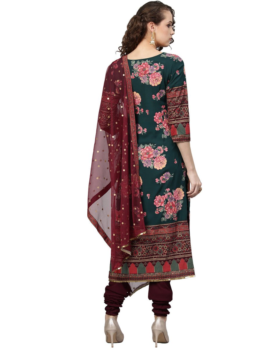 Ahalyaa Green & Burgundy Printed Kurta with Churidar & Dupatta