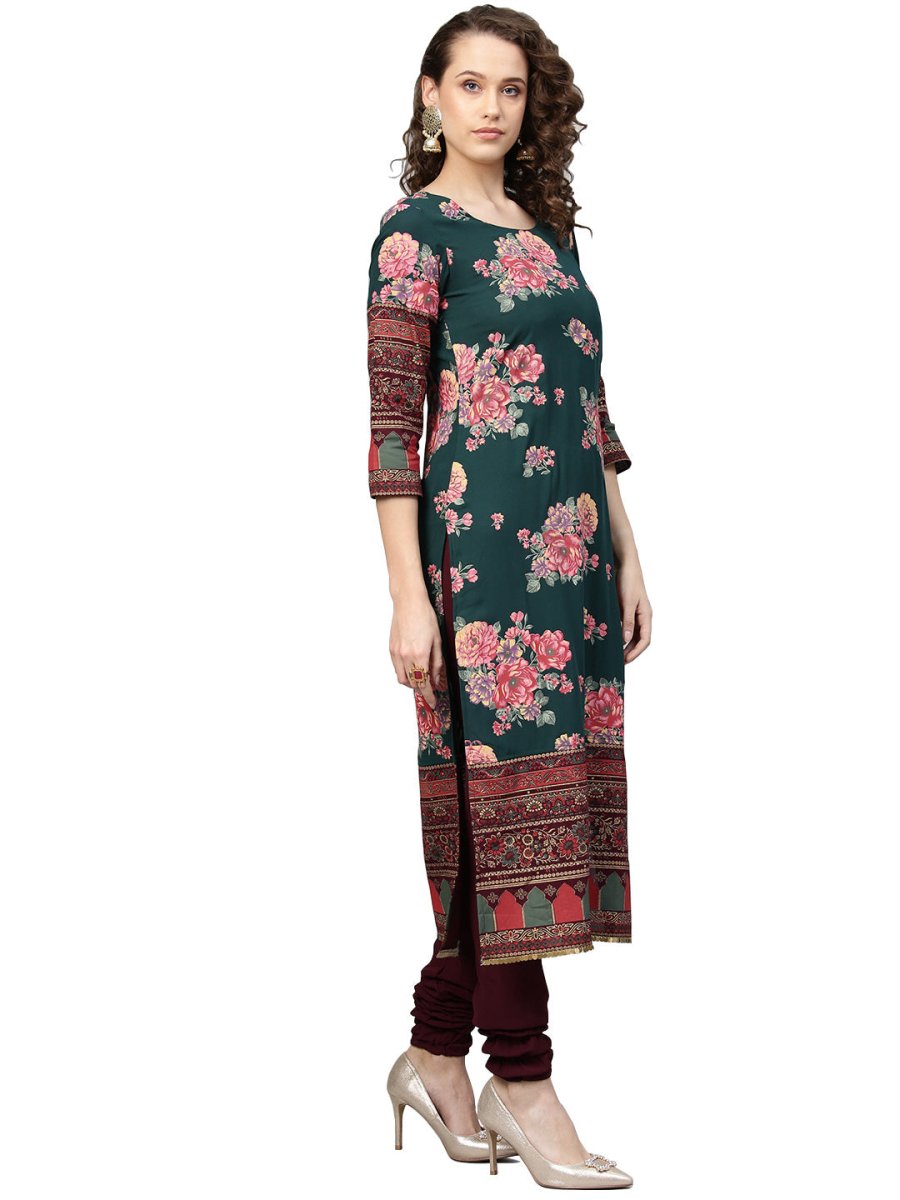 Ahalyaa Green & Burgundy Printed Kurta with Churidar & Dupatta