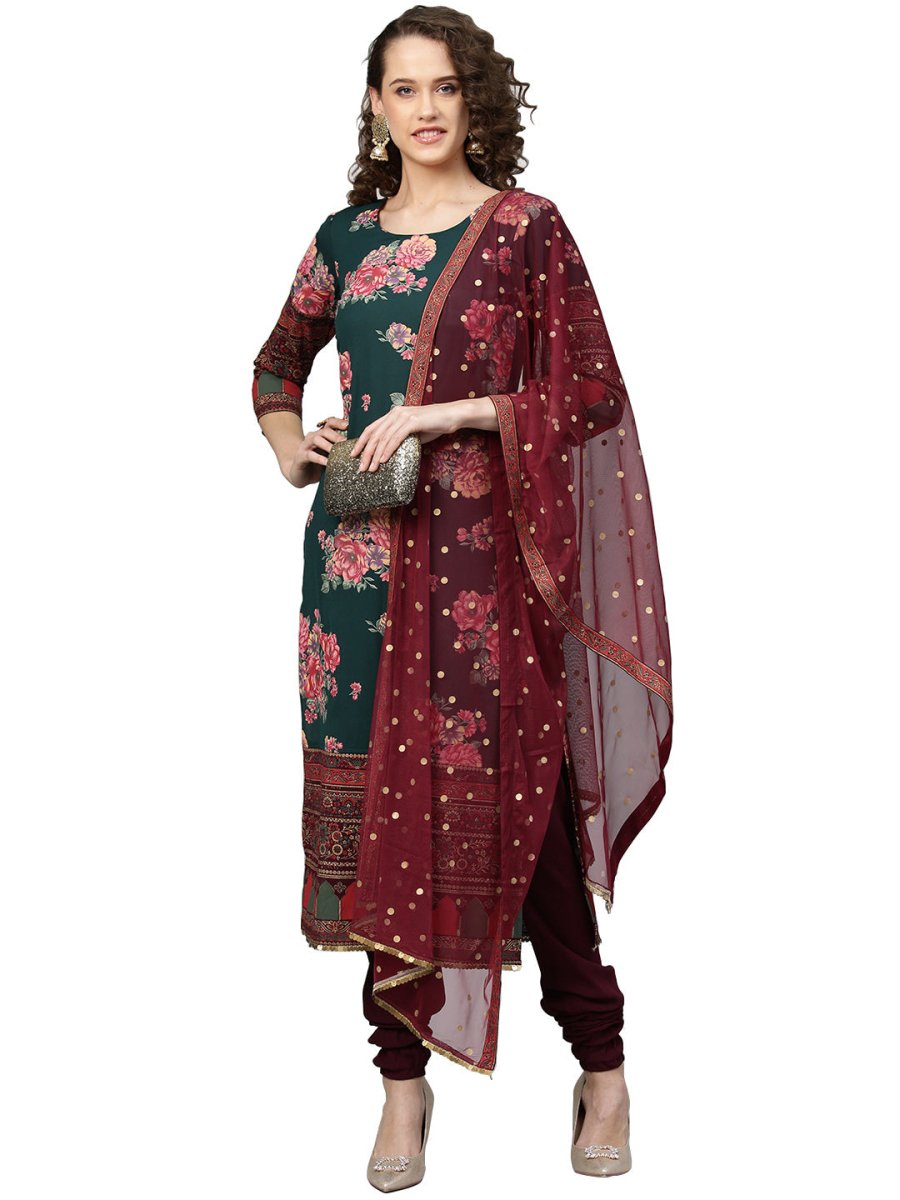 Ahalyaa Green & Burgundy Printed Kurta with Churidar & Dupatta