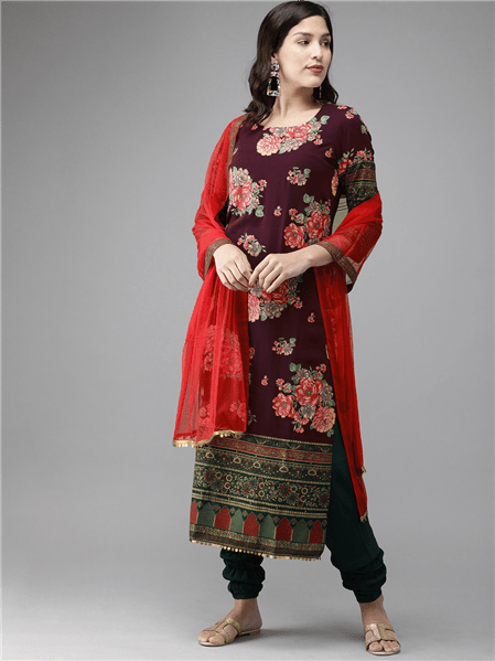 Ahalyaa Women Burgundy & Green Printed Beautiful Kurta Set