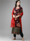 Ahalyaa Women Burgundy & Green Printed Beautiful Kurta Set