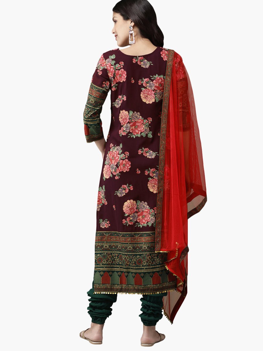 Ahalyaa Women Burgundy & Green Printed Beautiful Kurta Set