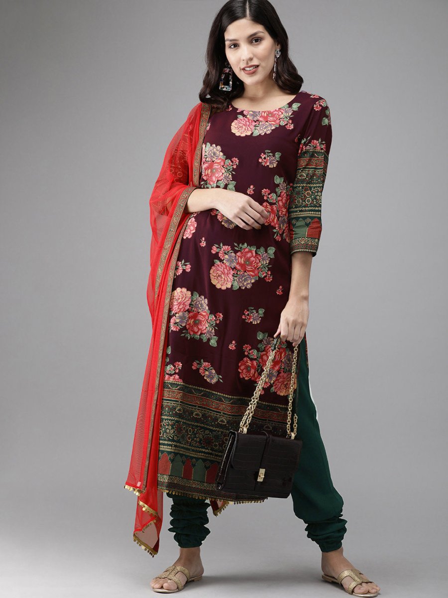Ahalyaa Women Burgundy & Green Printed Beautiful Kurta Set