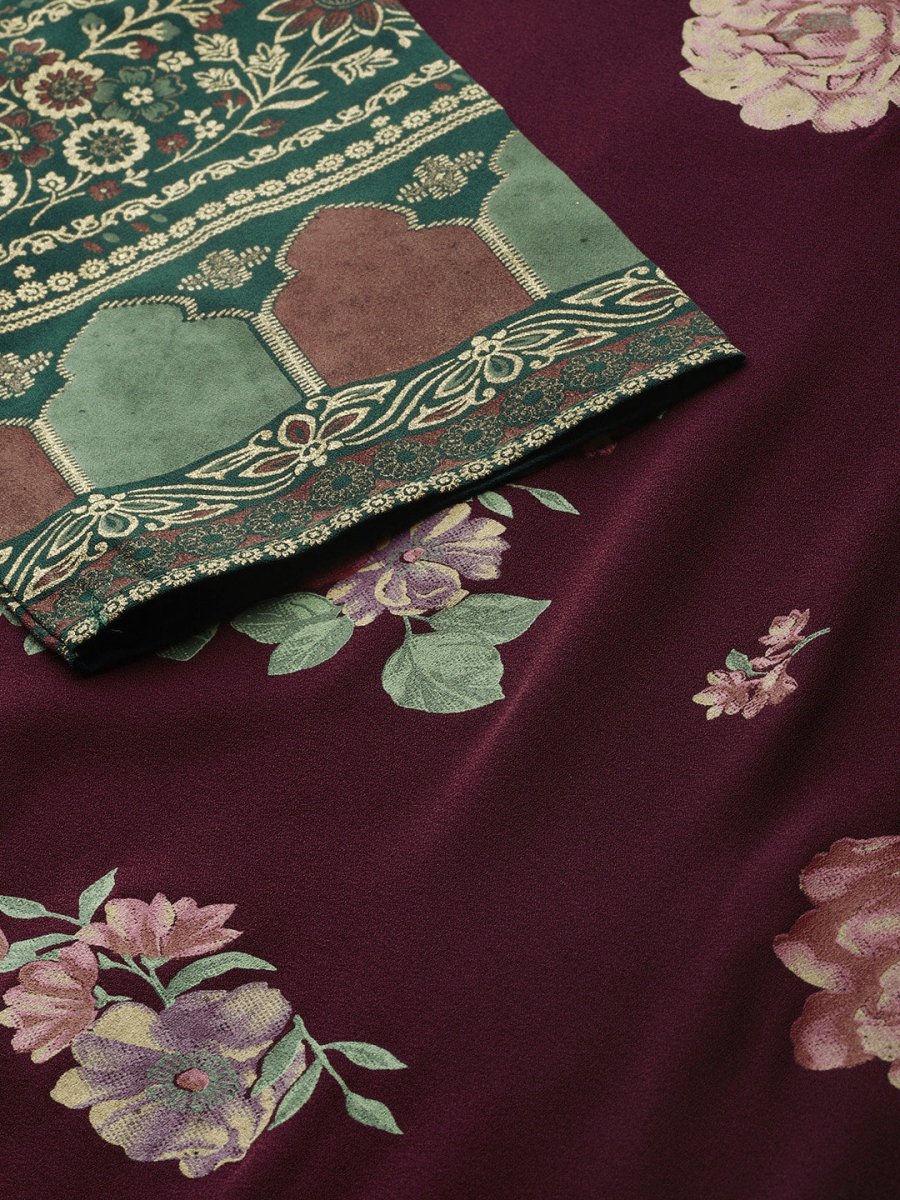 Ahalyaa Women Burgundy & Green Printed Beautiful Kurta Set