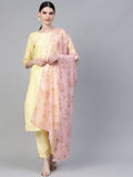 Ahalyaa Yellow & Pink Solid Kurta with Trousers & Floral Dupatta