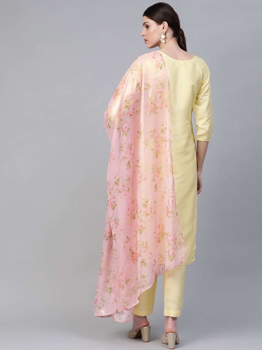 Ahalyaa Yellow & Pink Solid Kurta with Trousers & Floral Dupatta